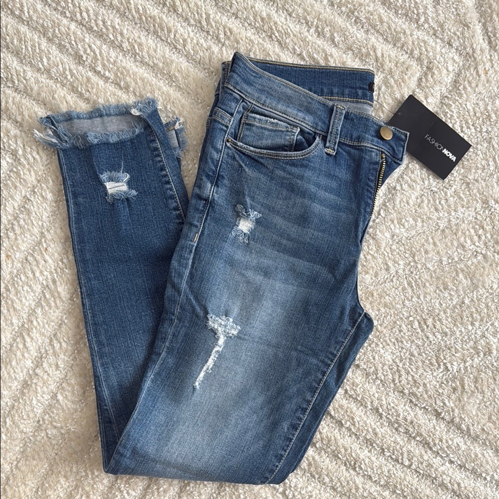 Fashion Nova Blue Distressed Skinny Jeans